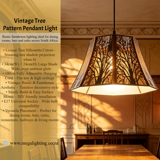 Vintage Tree Pattern Pendant Light, 34cm Shade, 100cm Adjustable Cord, Rustic Farmhouse Hanging Lamp