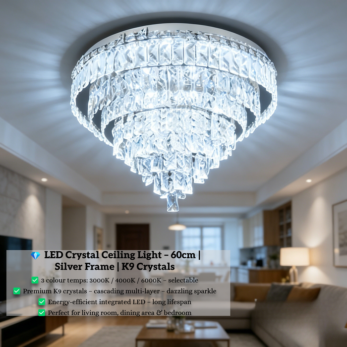 LED Crystal Ceiling Light | 3-Color Selectable (3000K/4000K/6000K) | Premium K9 Crystals + Silver Frame | Energy-Efficient Integrated LED for Living Room, Bedroom & Dining Area | MEGA LIGHTING South Africa
