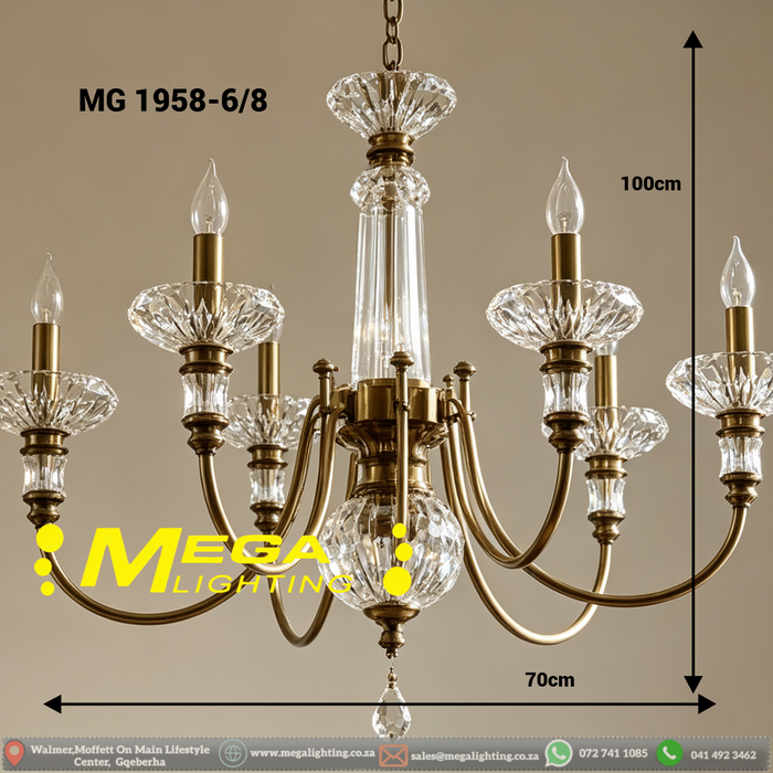 Vintage brass crystal chandelier 8‑light E27 antique‑brass frame adjustable chain villa stairwell foyer MEGA LIGHTING South Africa