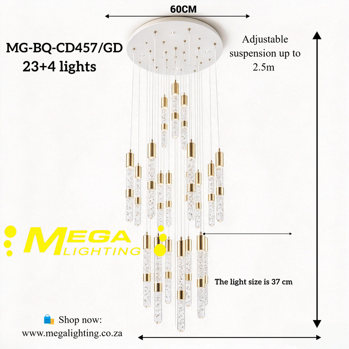 Waterfall Bubble Crystal Chandelier, 23+4 LED, 2.5m adjustable height, 3 colour modes, polished gold bubble crystal tube staircase light MEGA LIGHTING South Africa