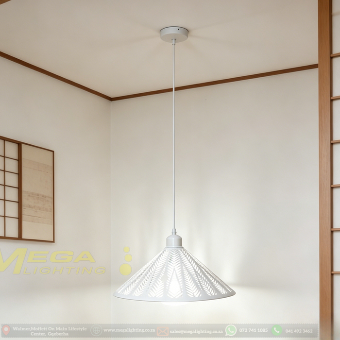 White patterned pendant light with leaf cutout design, modern minimalist ceiling lamp in warm 3000K light, by Mega Lighting South Africa.

