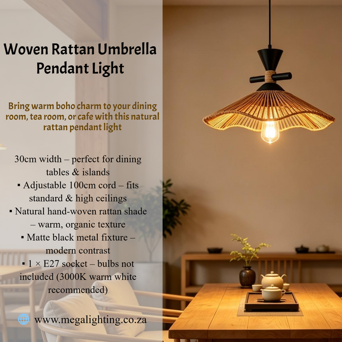 MEG+M250 woven rattan umbrella boho pendant light 30cm adjustable 100cm cord MEGA LIGHTING South Africa