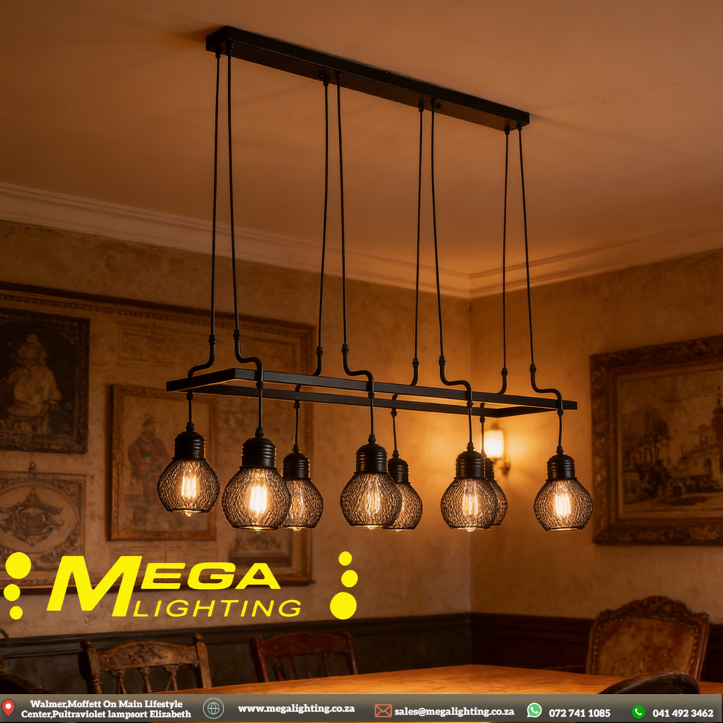 Black Industrial Metal Chandelier | E27 8-Light Adjustable Pendant
