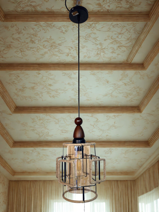 Vintage Cage Pendant Light 1xE27 Head Metal Ceiling Light with Wicker Black Linear Shade