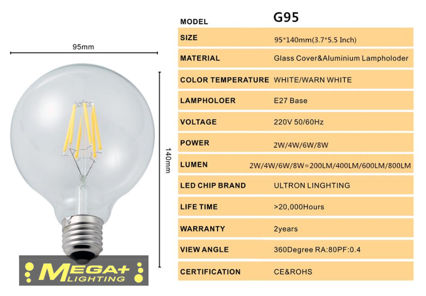 Led Filament Bulb G125 Big Global light bulb 4W 6W E27