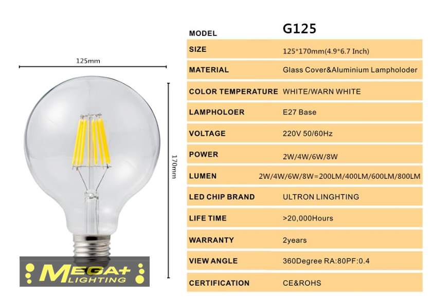 Led Filament Bulb G125 Big Global light bulb 4W 6W E27